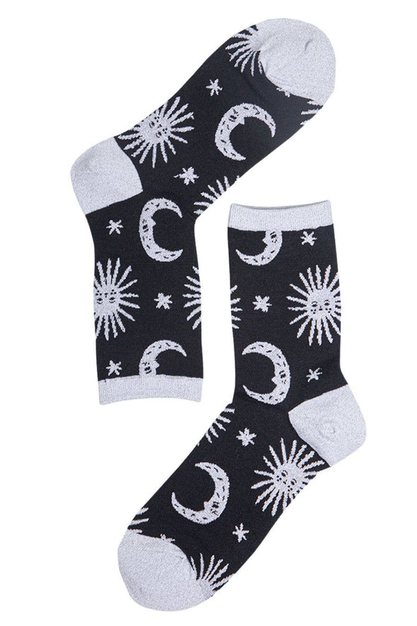 Womens Black Glitter Socks Silver Moon Star Sparkly Sock