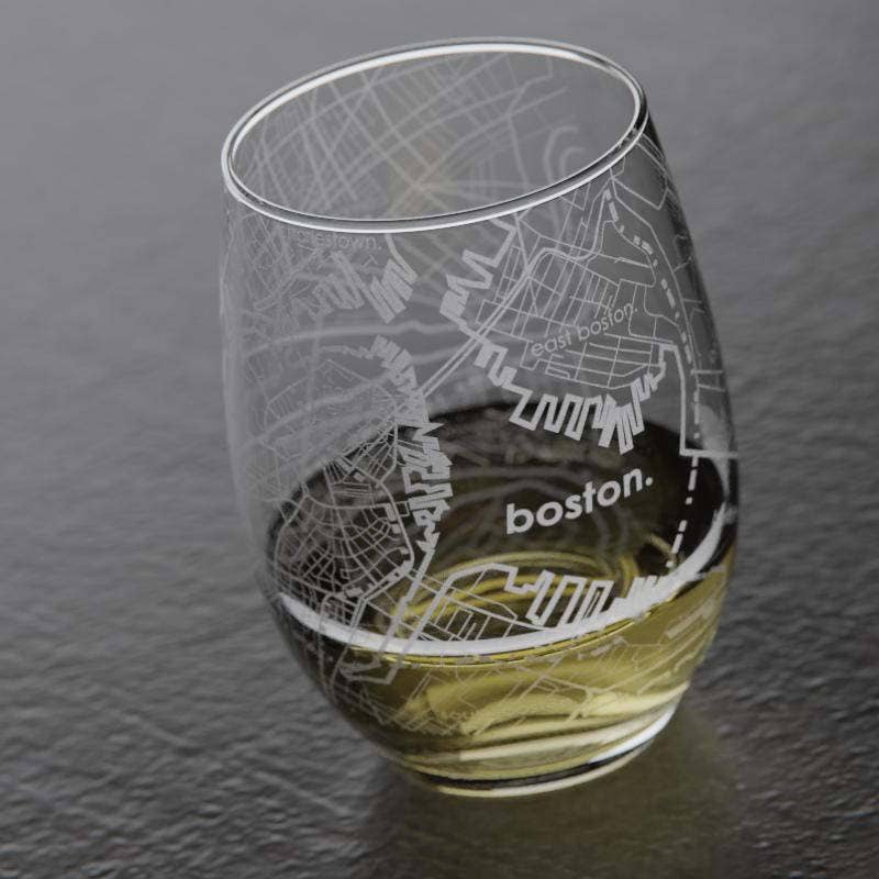 Boston MA Map Stemless Wine Glass