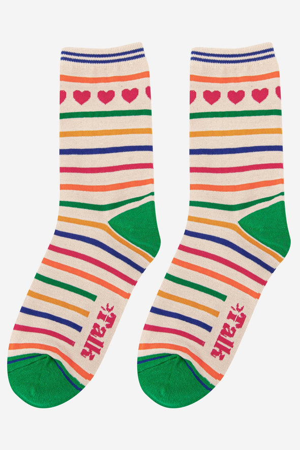 Women's Heart and Stripe Print Bamboo Socks