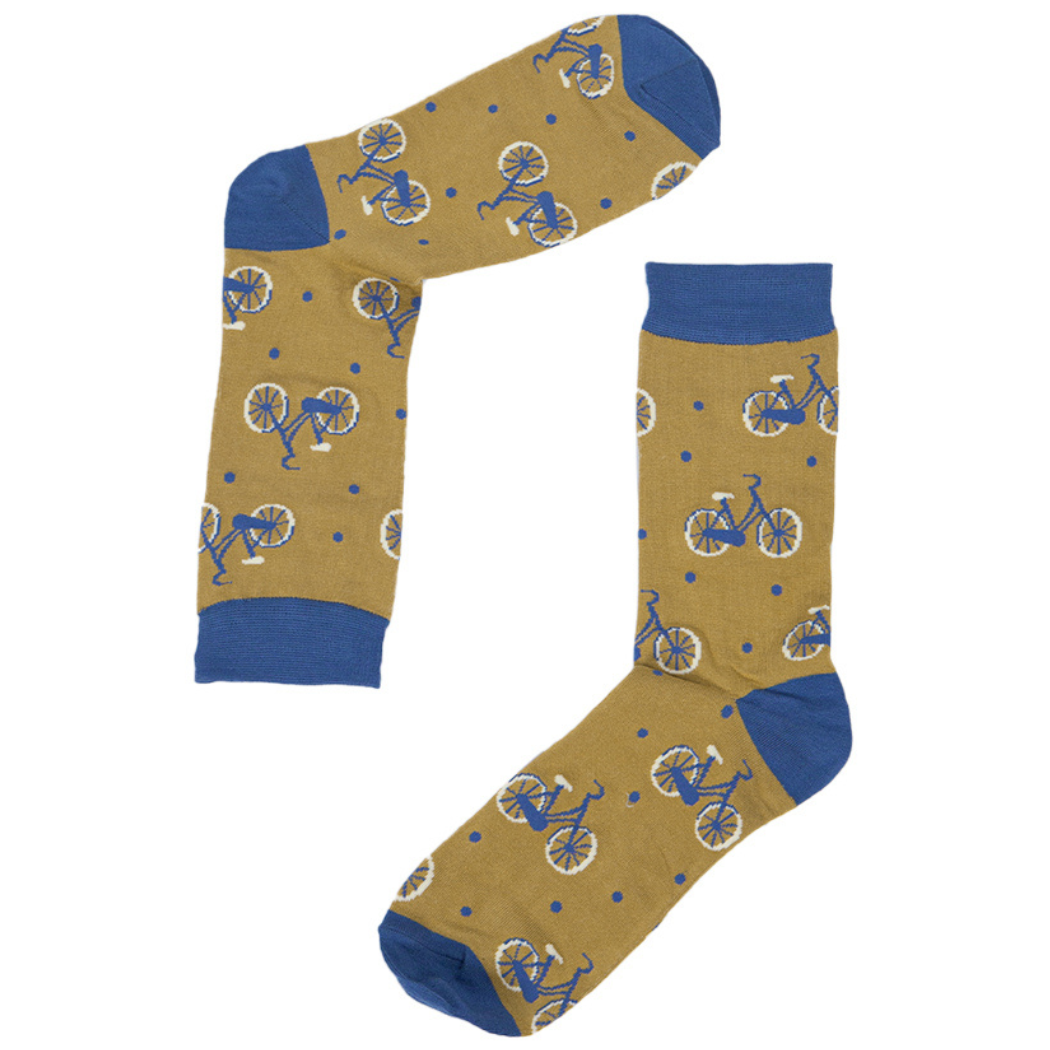 Mens Bamboo Cycling Socks Bicycle Print Novelty Sock Mustard