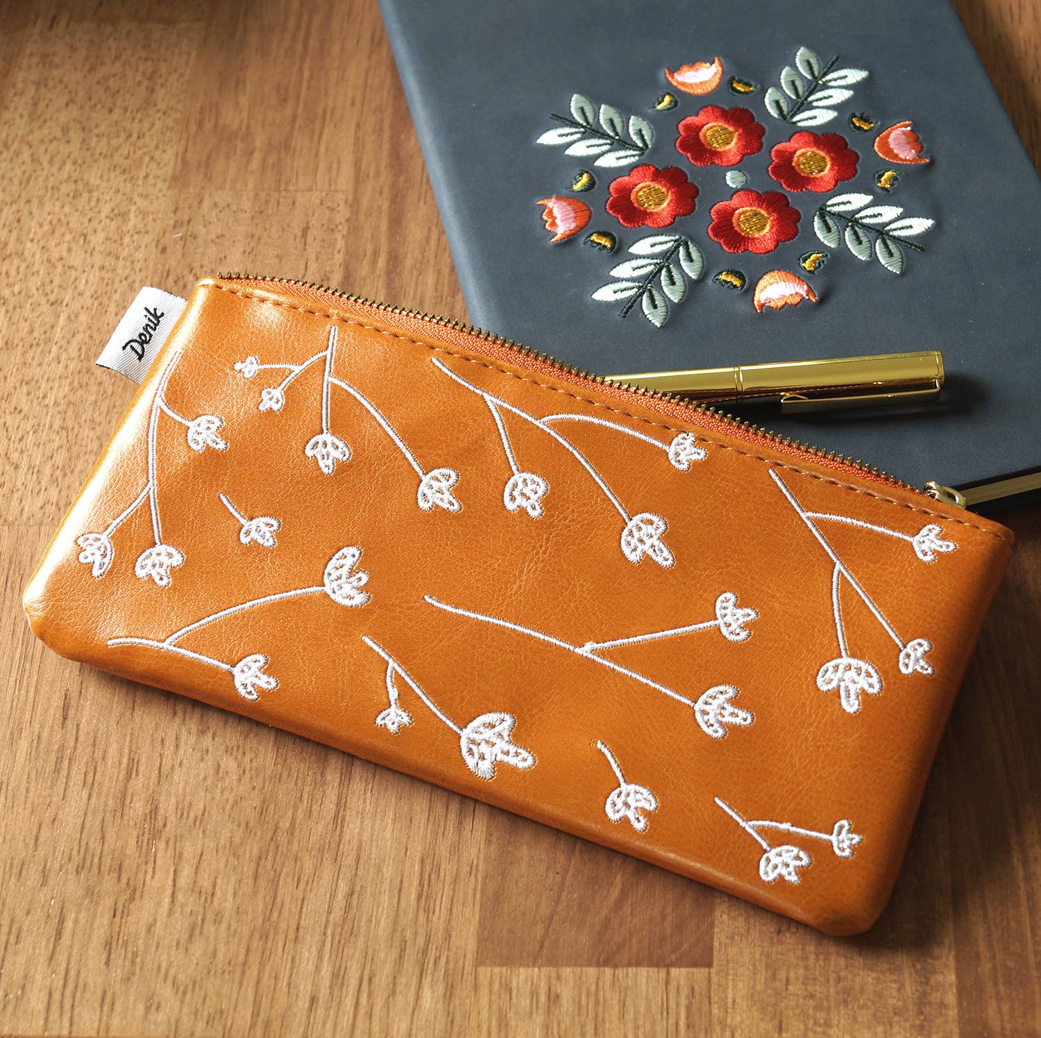 Samantha Vegan Leather Embroidered Pencil Pouch