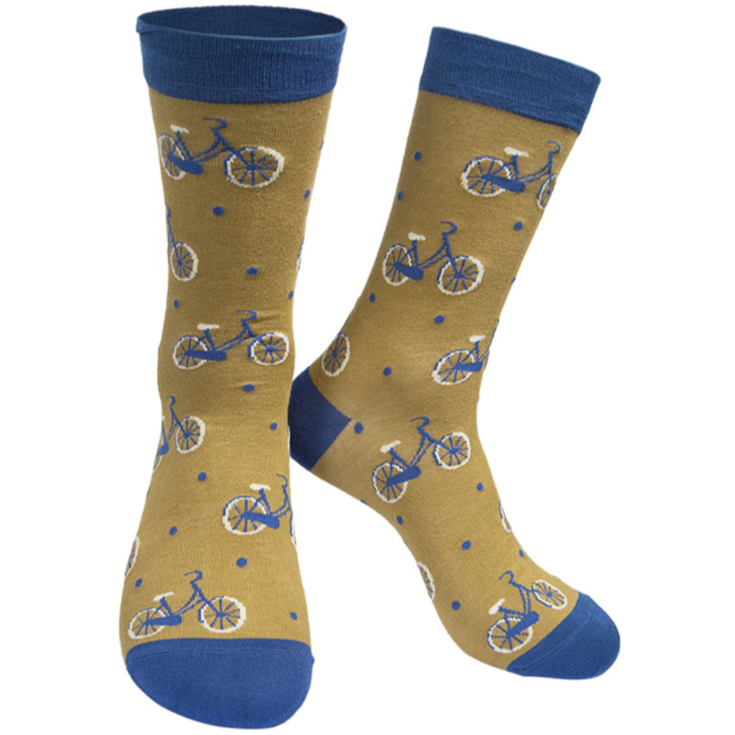 Mens Bamboo Cycling Socks Bicycle Print Novelty Sock Mustard