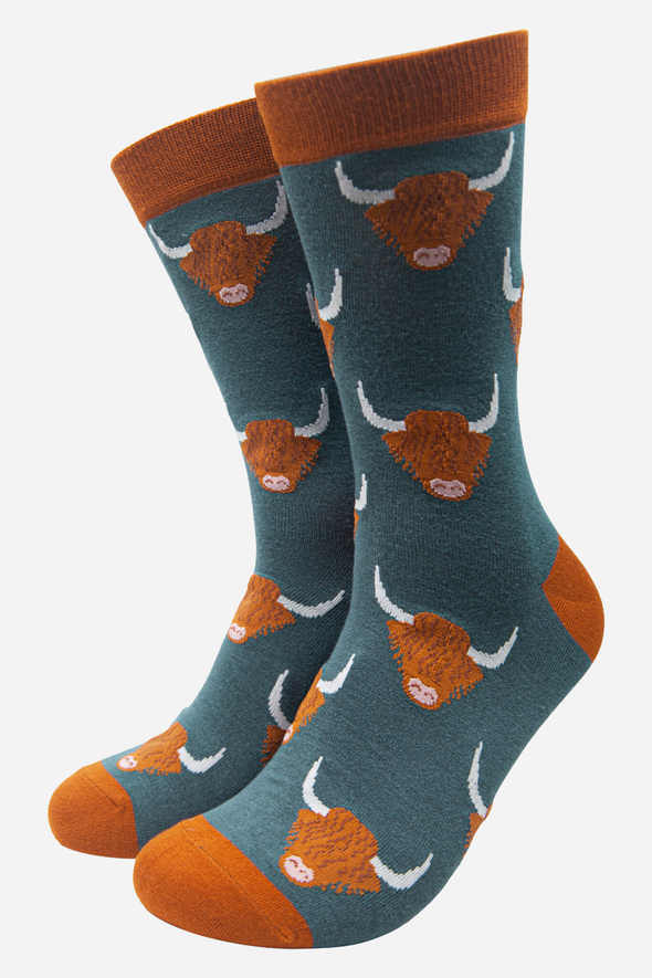 Teal Men's Highland Cow Print Bamboo Socks