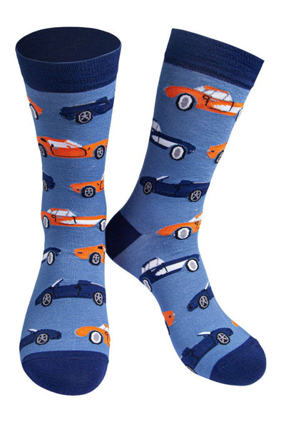 Mens Bamboo Socks Classic Sports Cars Dress Socks Blue