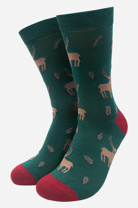 Green Men's Stag Print Bamboo Socks